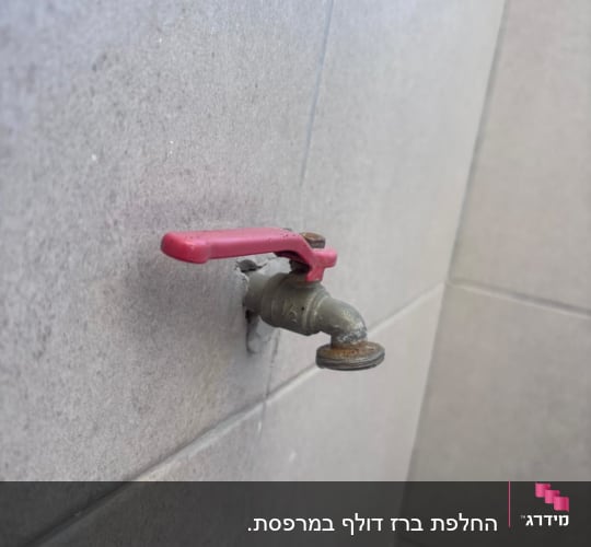ברז מים על קיר אריחים אפור